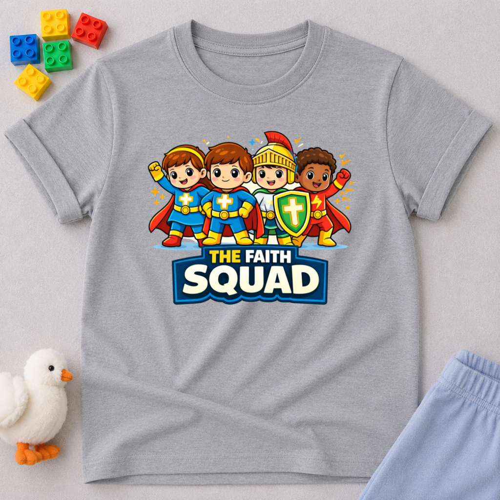 The Faith Squad Christian kids shirt in Gray featuring a group of faith-filled superhero friends
