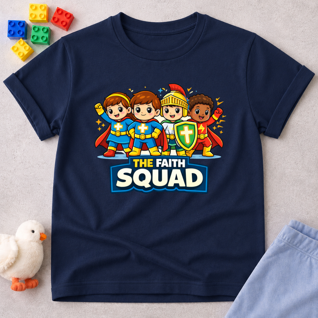 The Faith Squad Christian kids shirt in Navy featuring a group of faith-filled superhero friends