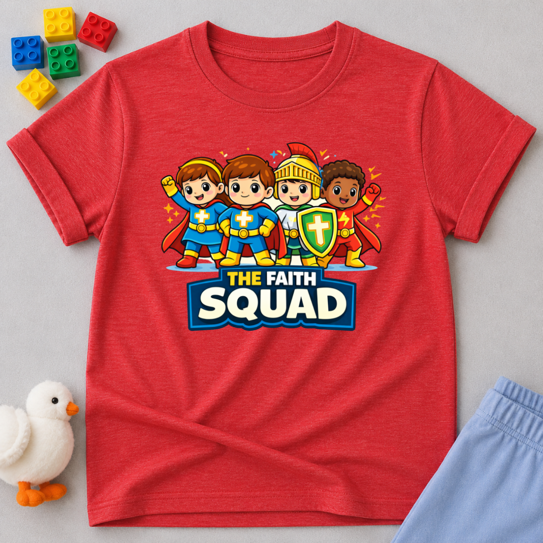 The Faith Squad Christian kids shirt in Red featuring a group of faith-filled superhero friends