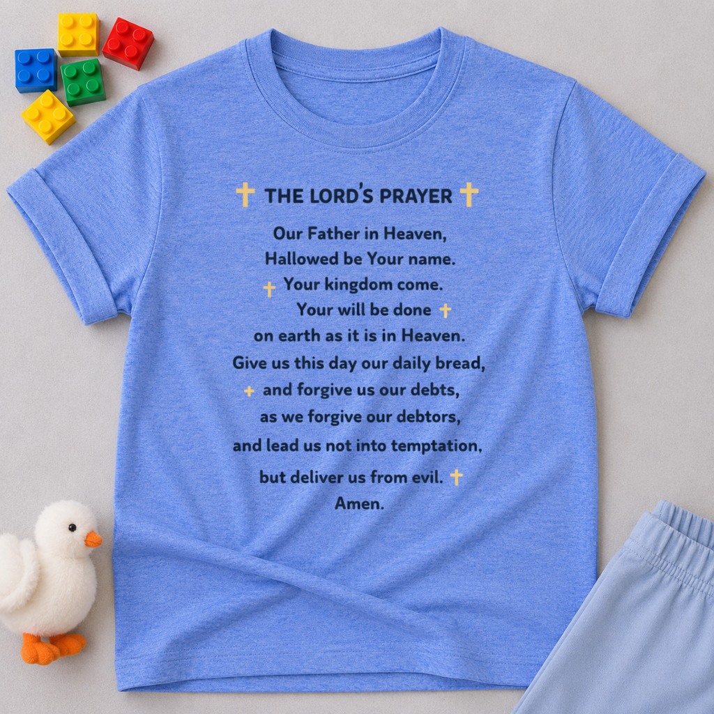 The Lords Prayer Christian kids shirt in Blue featuring the Lord's Prayer text design