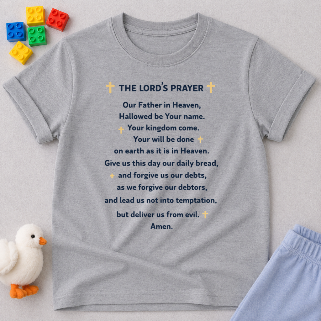 The Lords Prayer Christian kids shirt in Gray featuring the Lord's Prayer text design