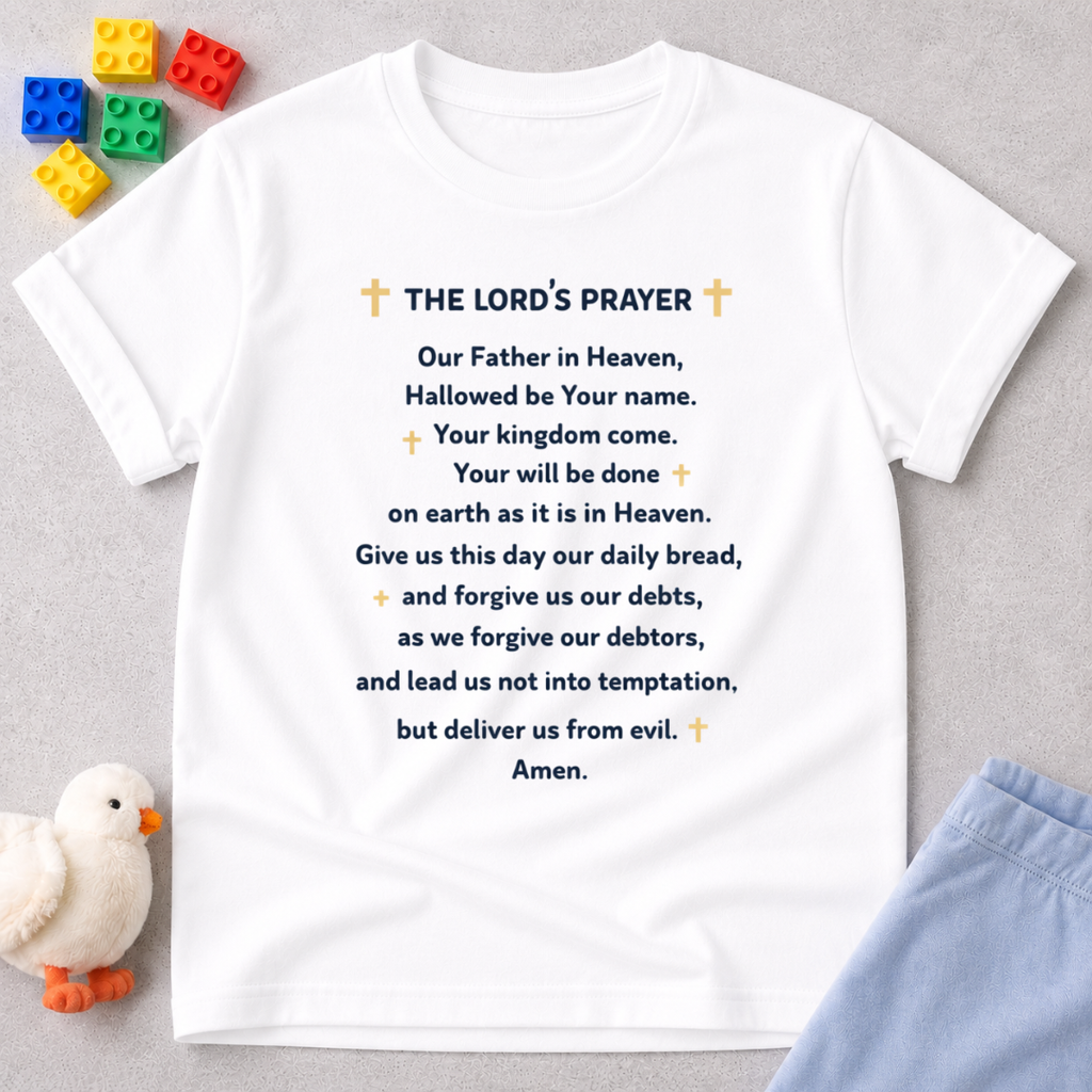 The Lords Prayer Christian kids shirt in White featuring the Lord's Prayer text design