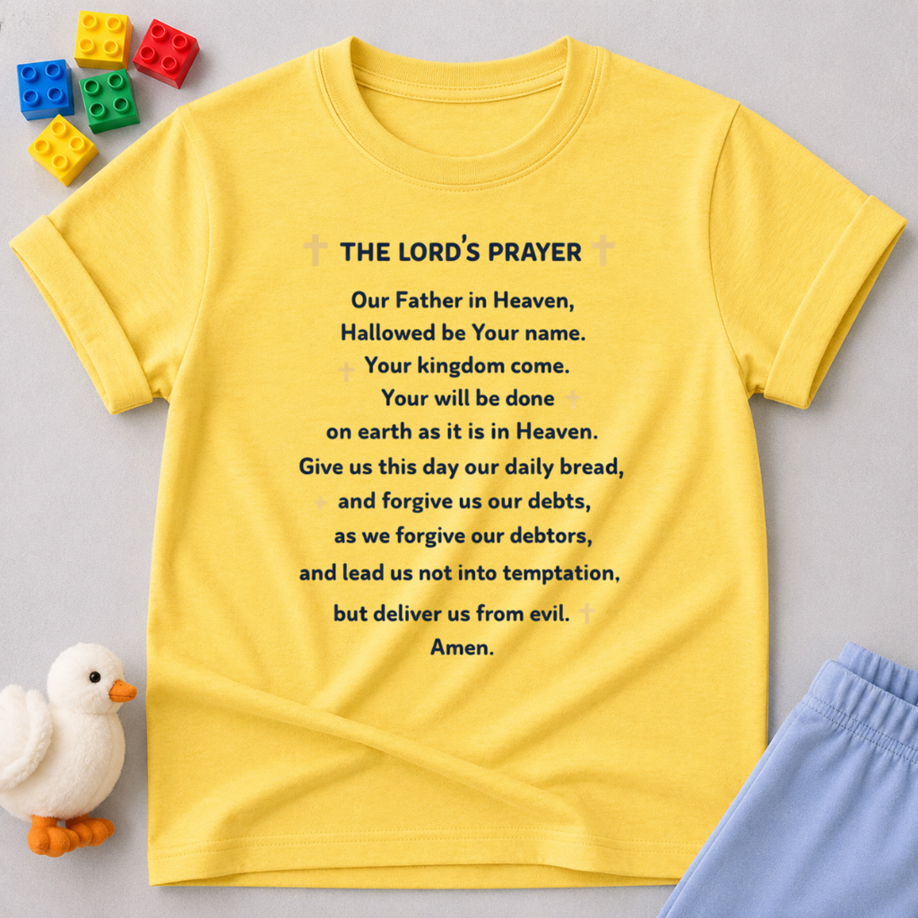 The Lords Prayer Christian kids shirt in Yellow featuring the Lord's Prayer text design