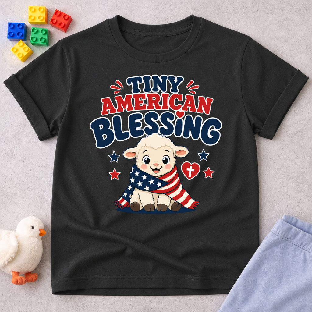 Tiny American Blessing Lamb Shirt Christian kids shirt in black featuring a patriotic lamb wrapped in an American flag

