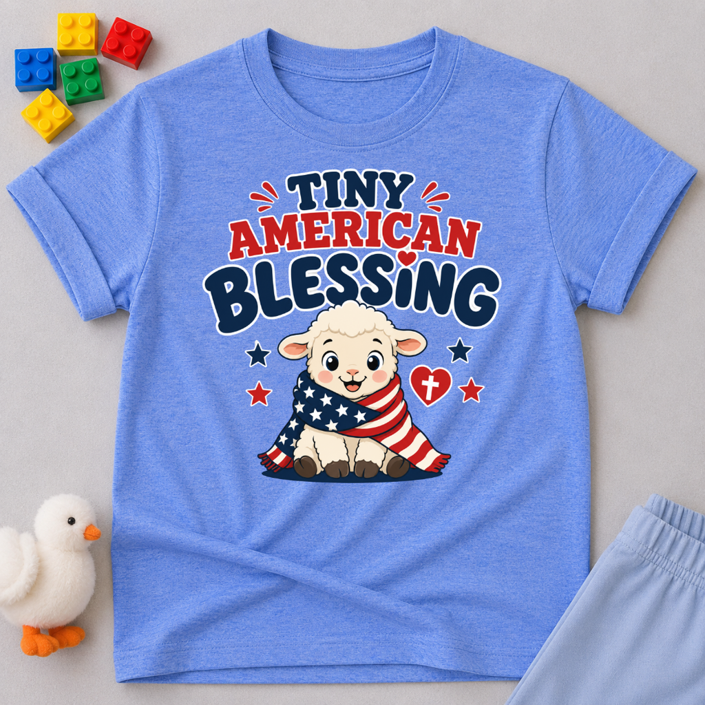 Tiny American Blessing Lamb Shirt Christian kids shirt in blue featuring a patriotic lamb wrapped in an American flag
