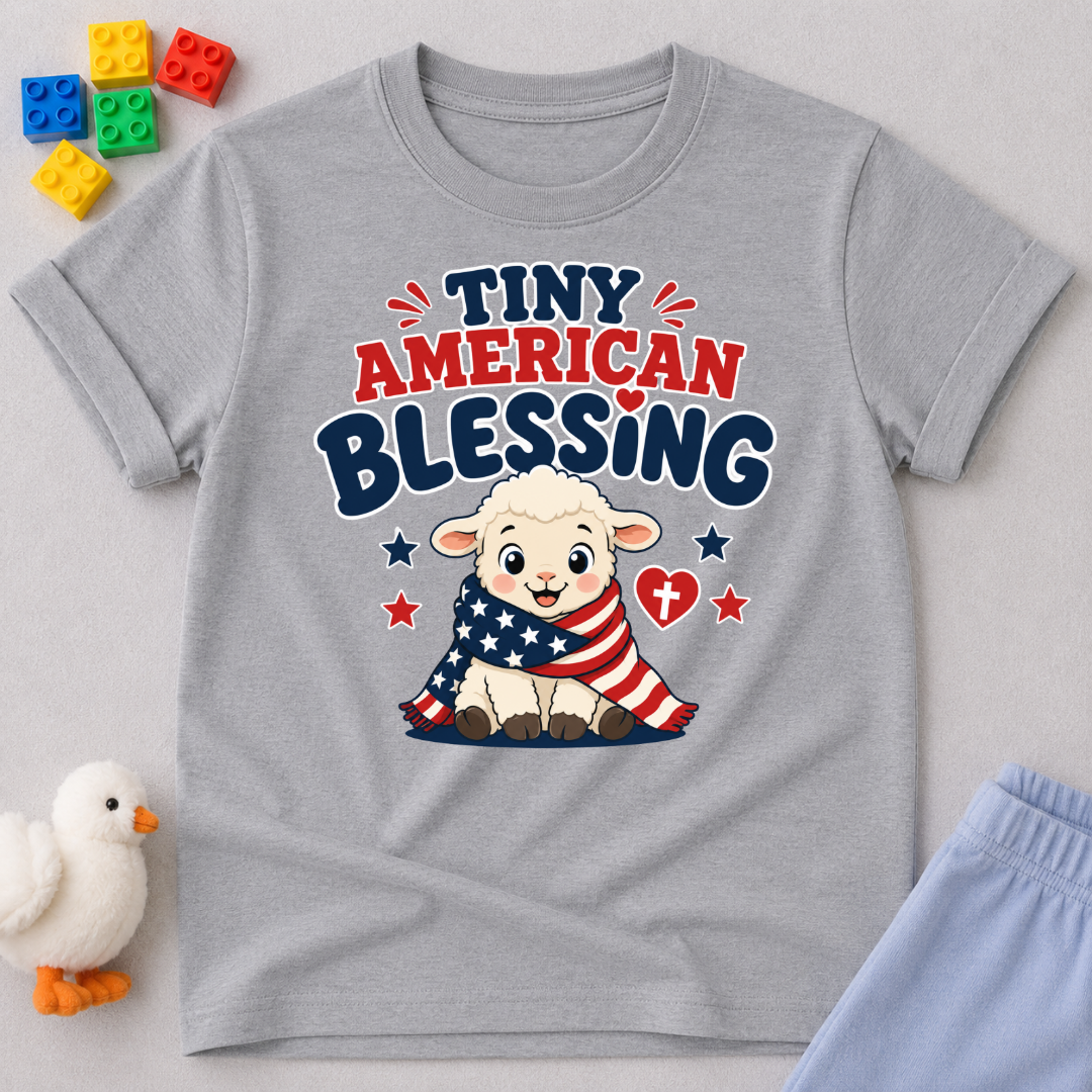 Tiny American Blessing Lamb Shirt Christian kids shirt in gray featuring a patriotic lamb wrapped in an American flag
