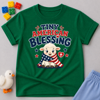 Tiny American Blessing Lamb Shirt Christian kids shirt in green featuring a patriotic lamb wrapped in an American flag
