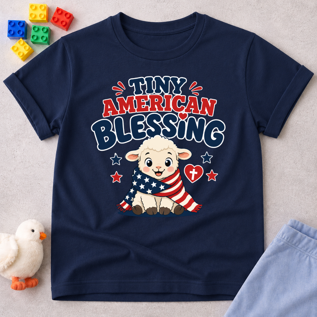 Tiny American Blessing Lamb Shirt Christian kids shirt in navy featuring a patriotic lamb wrapped in an American flag
