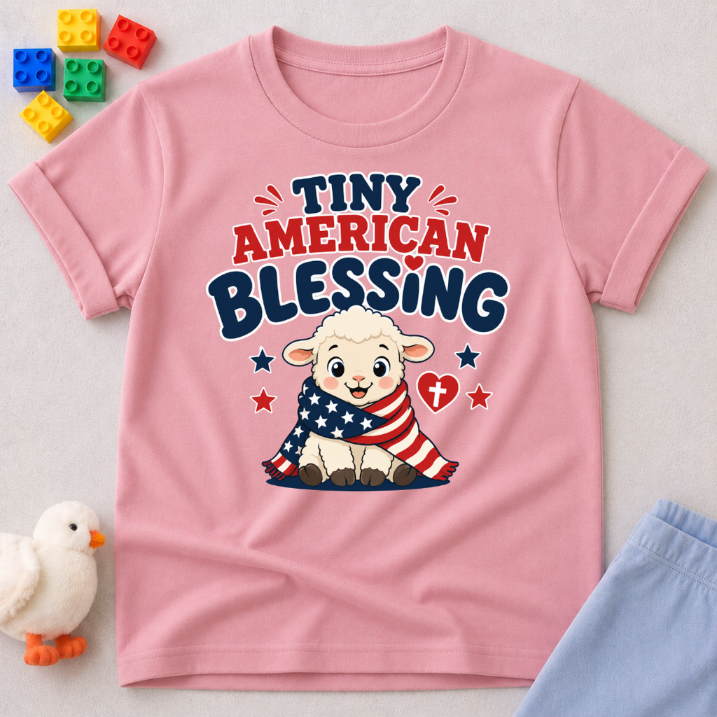 Tiny American Blessing Lamb Shirt Christian kids shirt in pink featuring a patriotic lamb wrapped in an American flag
