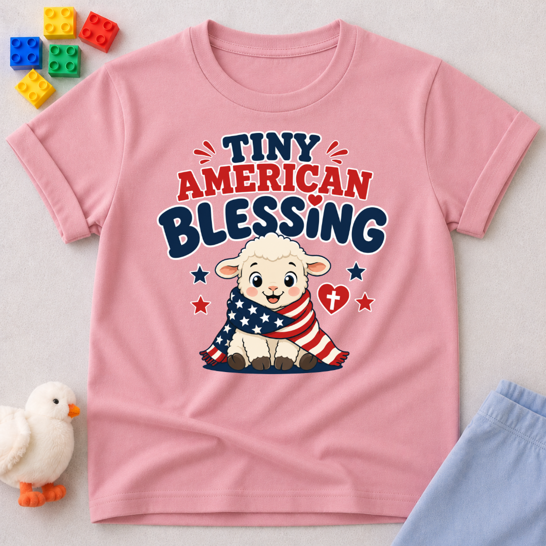 Tiny American Blessing Lamb Shirt Christian kids shirt in pink featuring a patriotic lamb wrapped in an American flag
