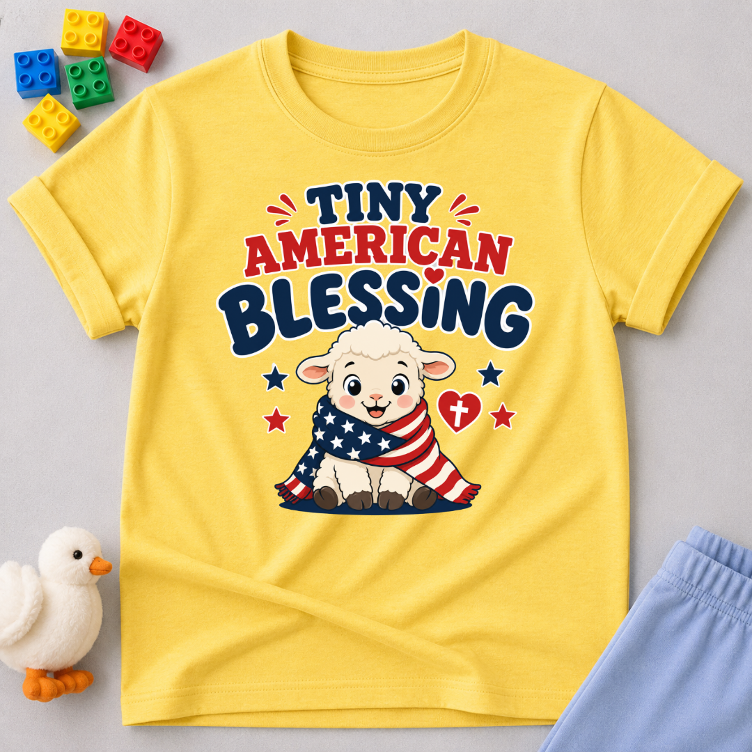 Tiny American Blessing Lamb Shirt Christian kids shirt in yellow featuring a patriotic lamb wrapped in an American flag
