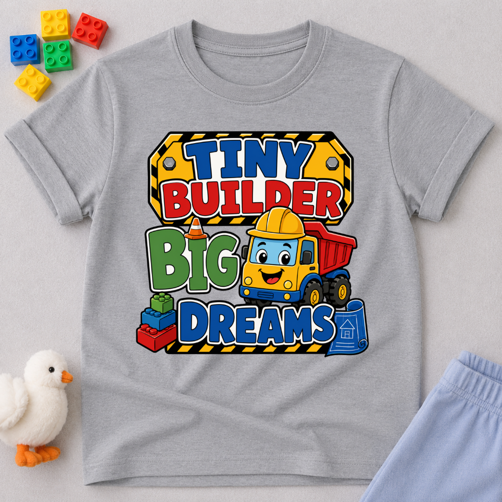 Tiny Builder Big Dreams Christian kids shirt in gray featuring a cheerful construction vehicle

