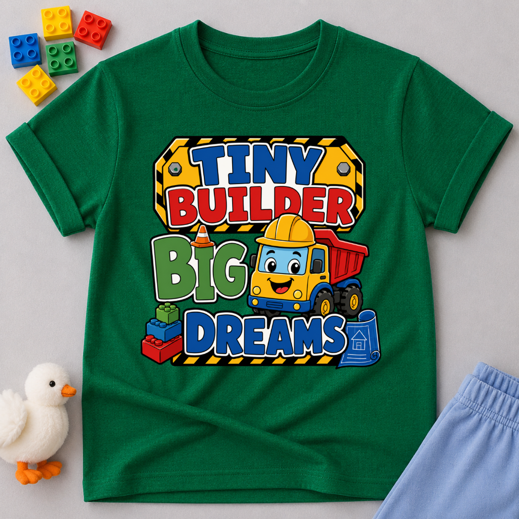Tiny Builder Big Dreams Christian kids shirt in green featuring a cheerful construction vehicle
