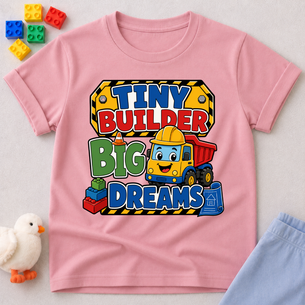Tiny Builder Big Dreams Christian kids shirt in pink featuring a cheerful construction vehicle
