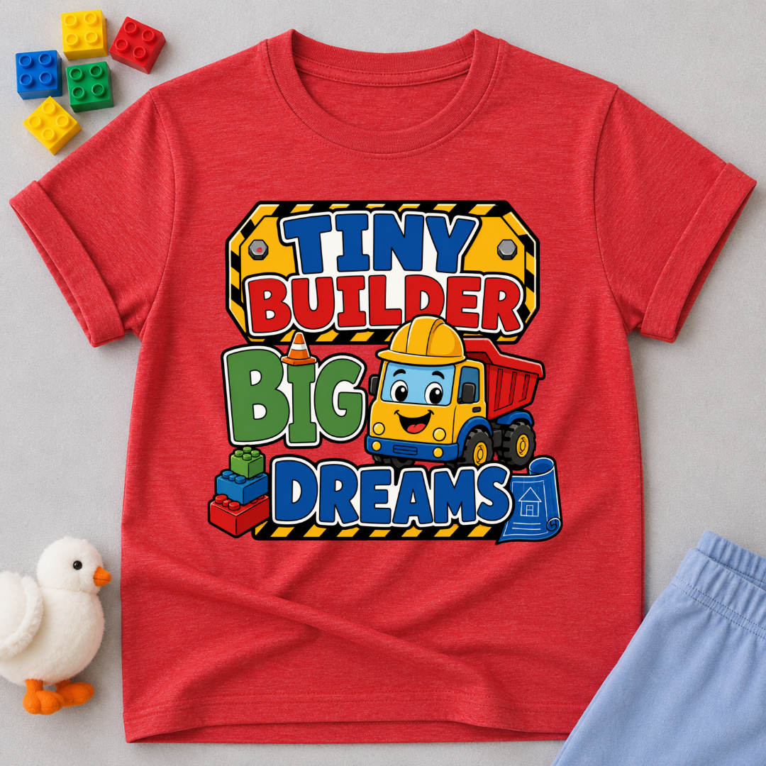 Tiny Builder Big Dreams Christian kids shirt in red featuring a cheerful construction vehicle
