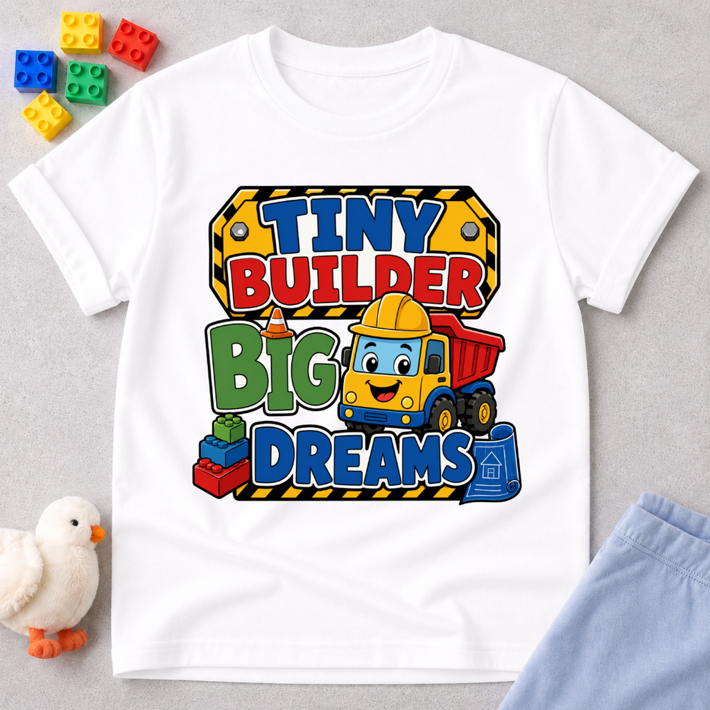 Tiny Builder Big Dreams Christian kids shirt in white featuring a cheerful construction vehicle
