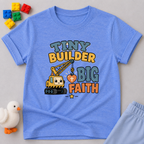 Tiny Builder Big Faith Shirt Christian kids shirt in blue featuring construction vehicles and a faith-themed message

