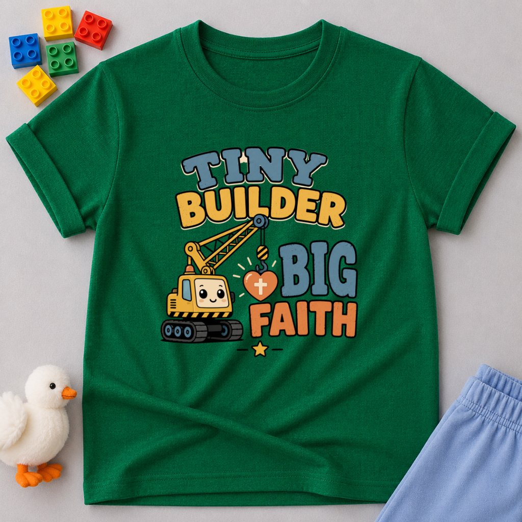 Tiny Builder Big Faith Shirt Christian kids shirt in green featuring construction vehicles and a faith-themed message
