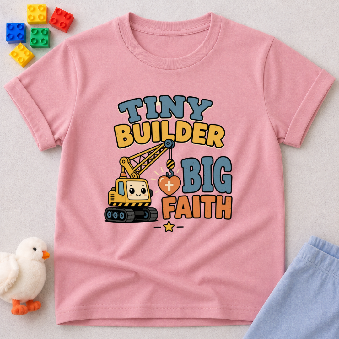 Tiny Builder Big Faith Shirt Christian kids shirt in pink featuring construction vehicles and a faith-themed message
