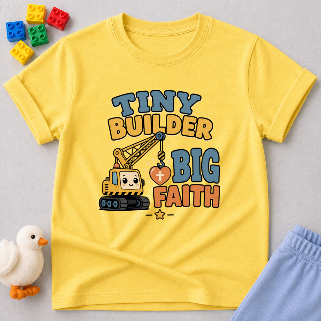 Tiny Builder Big Faith Shirt Christian kids shirt in yellow featuring construction vehicles and a faith-themed message
