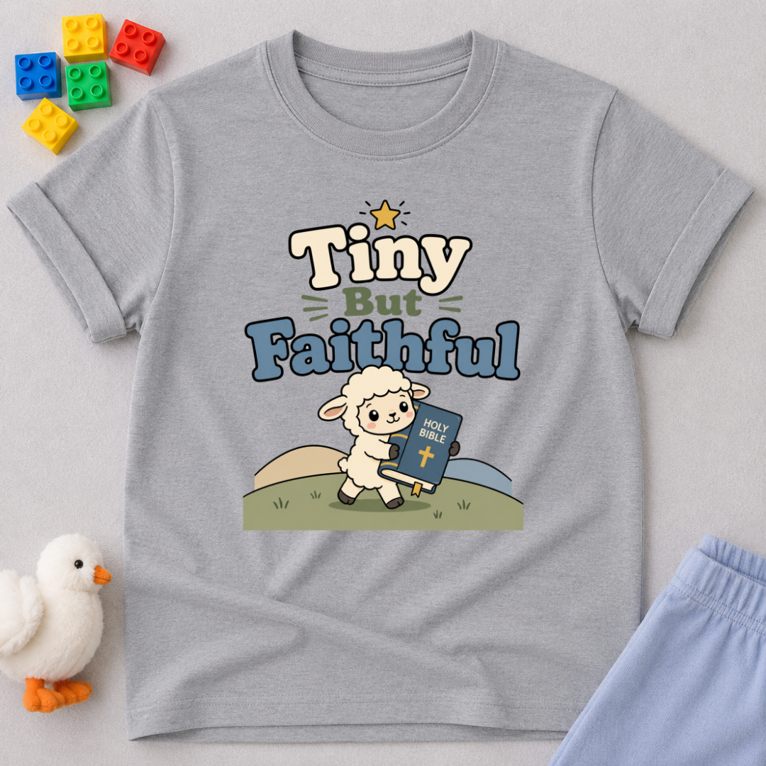 Tiny but Faithful Lamb Shirt Christian kids shirt in gray featuring a lamb holding a Bible and faith-inspired message
