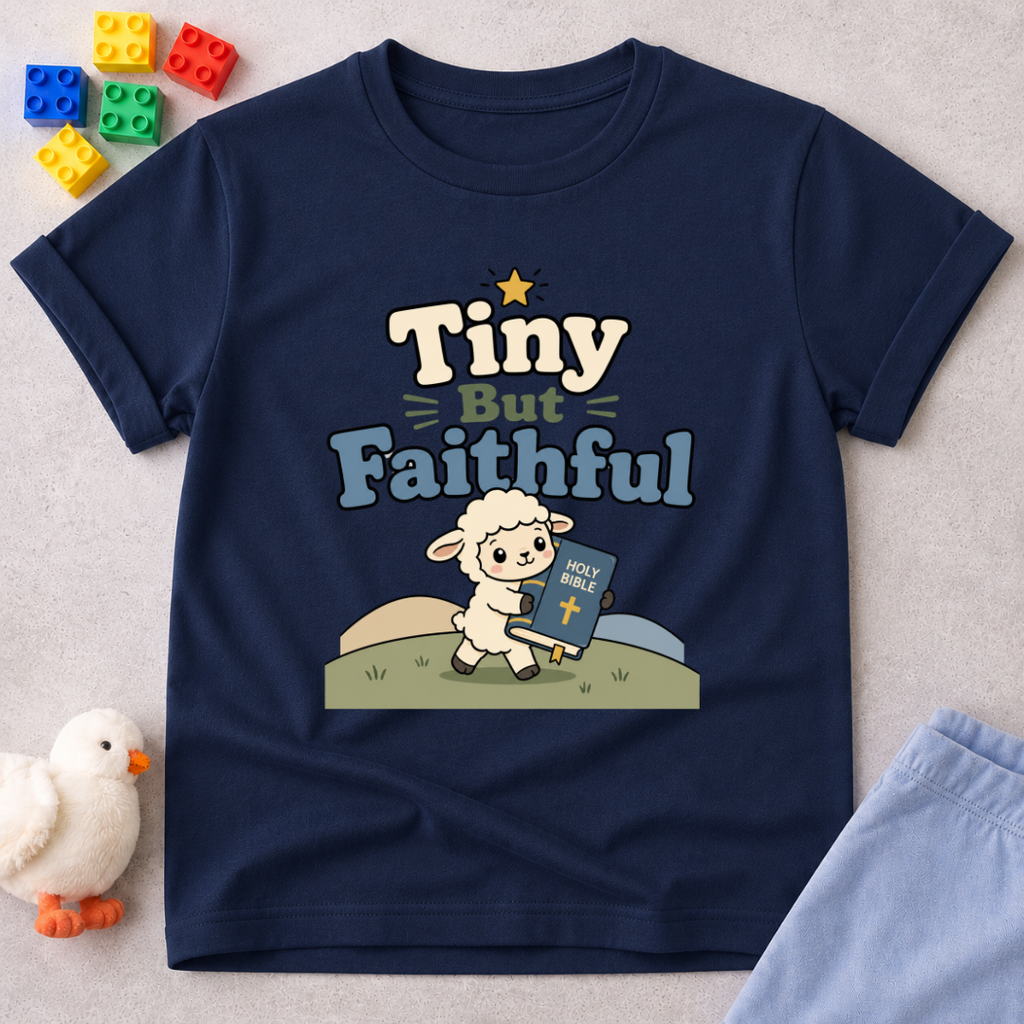 Tiny but Faithful Lamb Shirt Christian kids shirt in navy featuring a lamb holding a Bible and faith-inspired message
