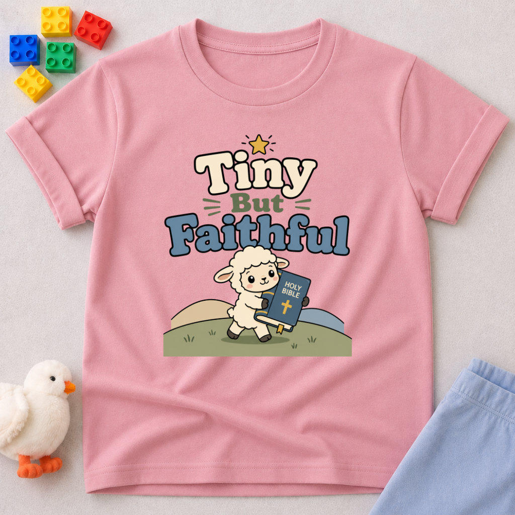 Tiny but Faithful Lamb Shirt Christian kids shirt in pink featuring a lamb holding a Bible and faith-inspired message
