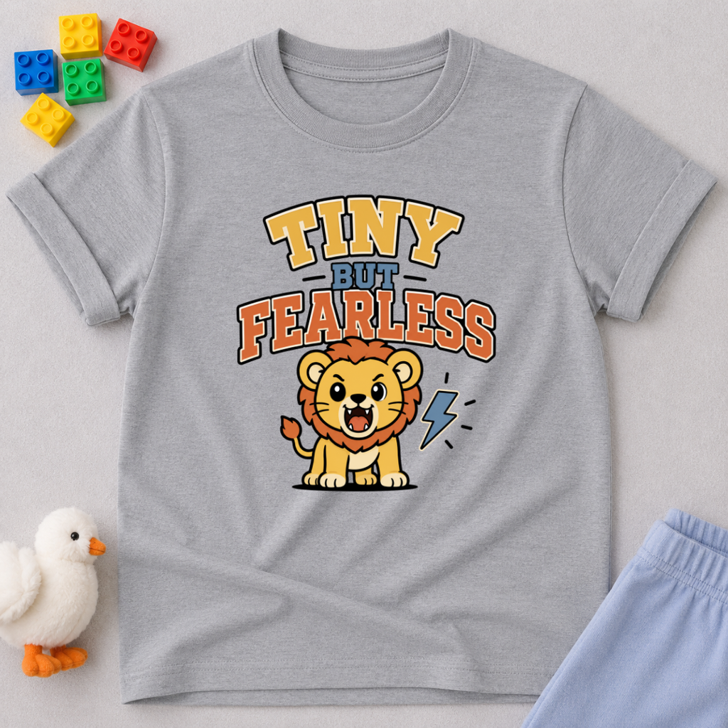 Tiny but Fearless Lion Shirt Christian kids shirt in gray featuring a lion and courage-inspired faith design
