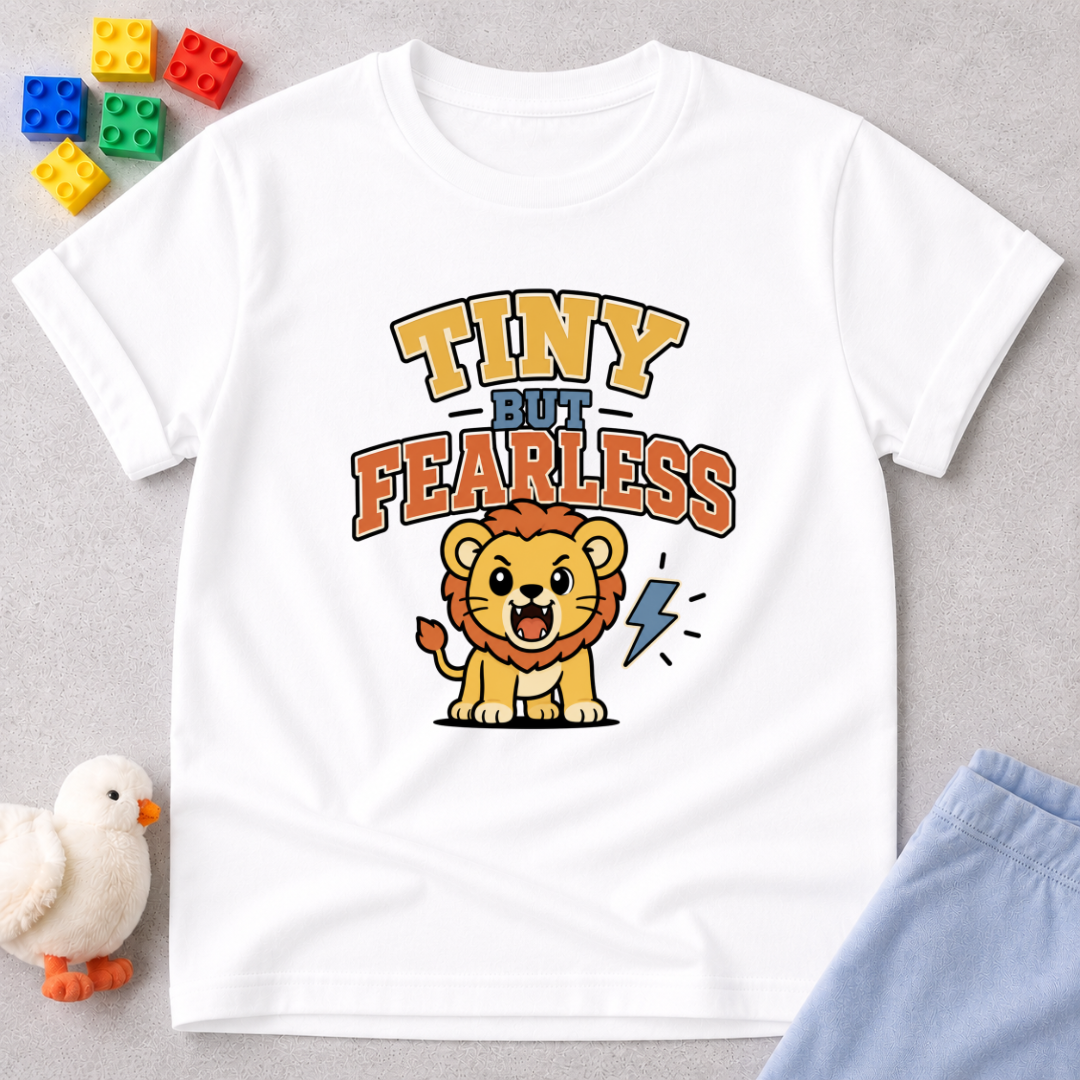 Tiny but Fearless Lion Shirt Christian kids shirt in white featuring a lion and courage-inspired faith design
