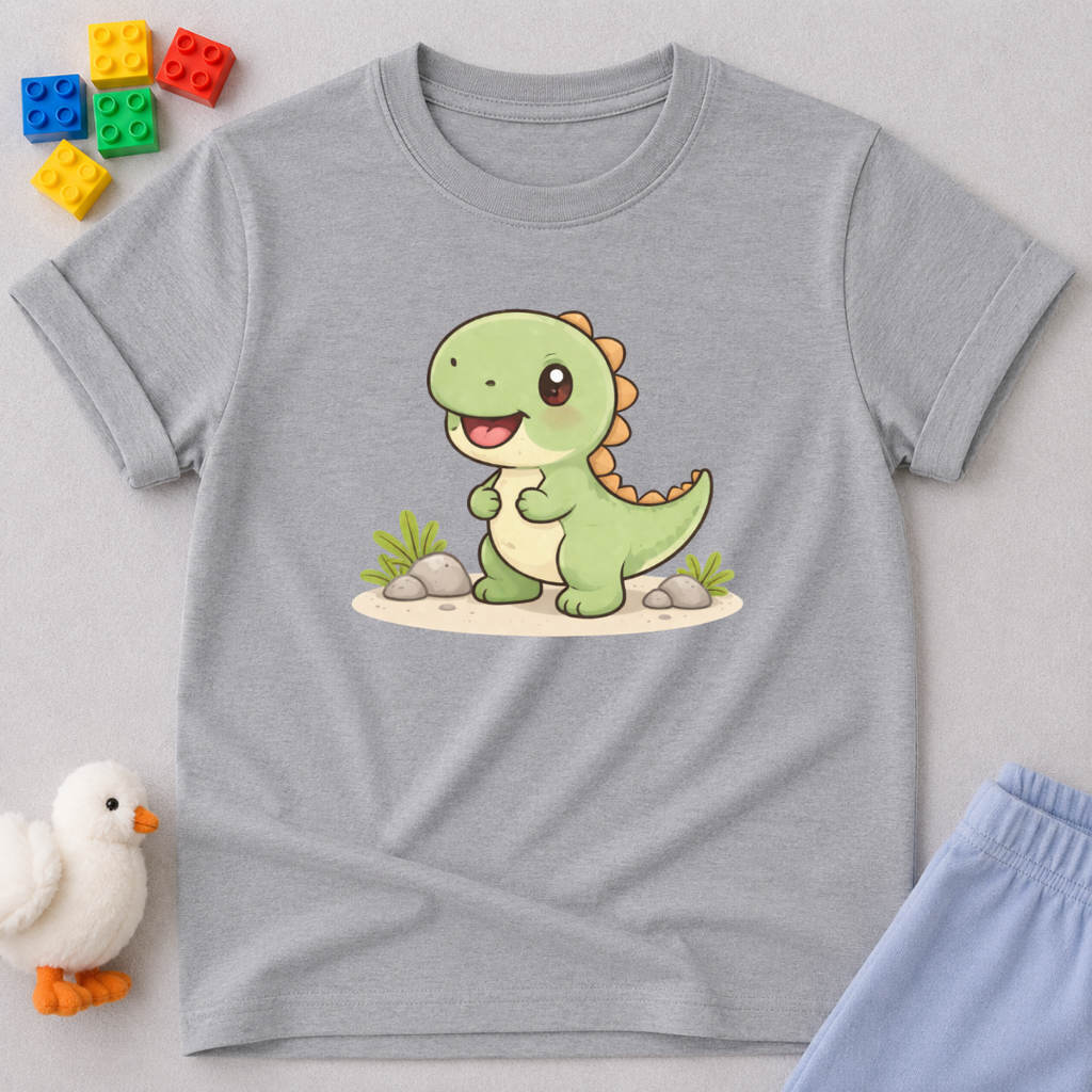 Tiny Dino Adventure Christian kids shirt in Gray featuring a cute dinosaur character design