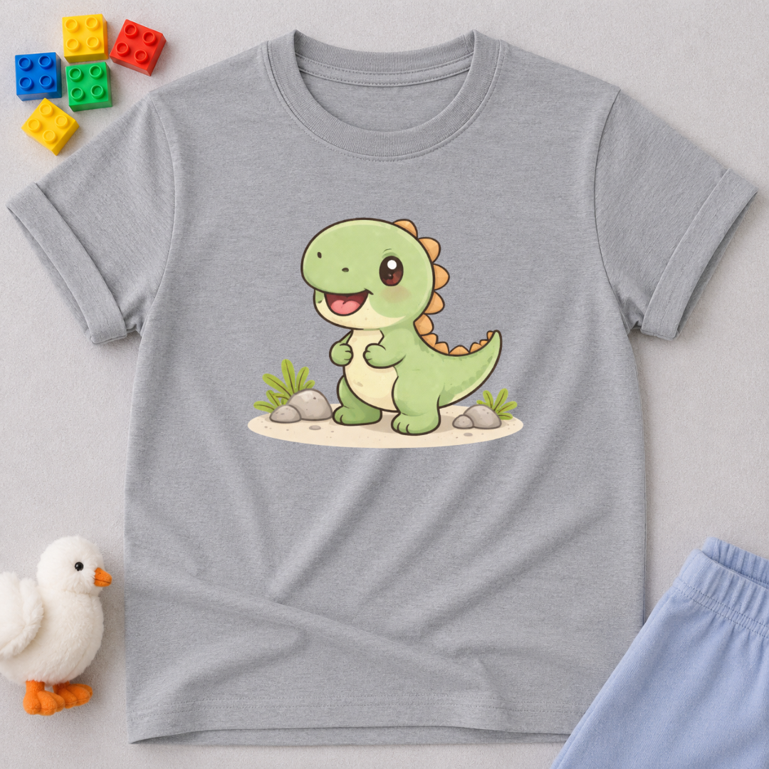 Tiny Dino Adventure Christian kids shirt in Gray featuring a cute dinosaur character design
