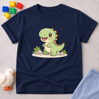 Tiny Dino Adventure Christian kids shirt in Navy featuring a cute dinosaur character design