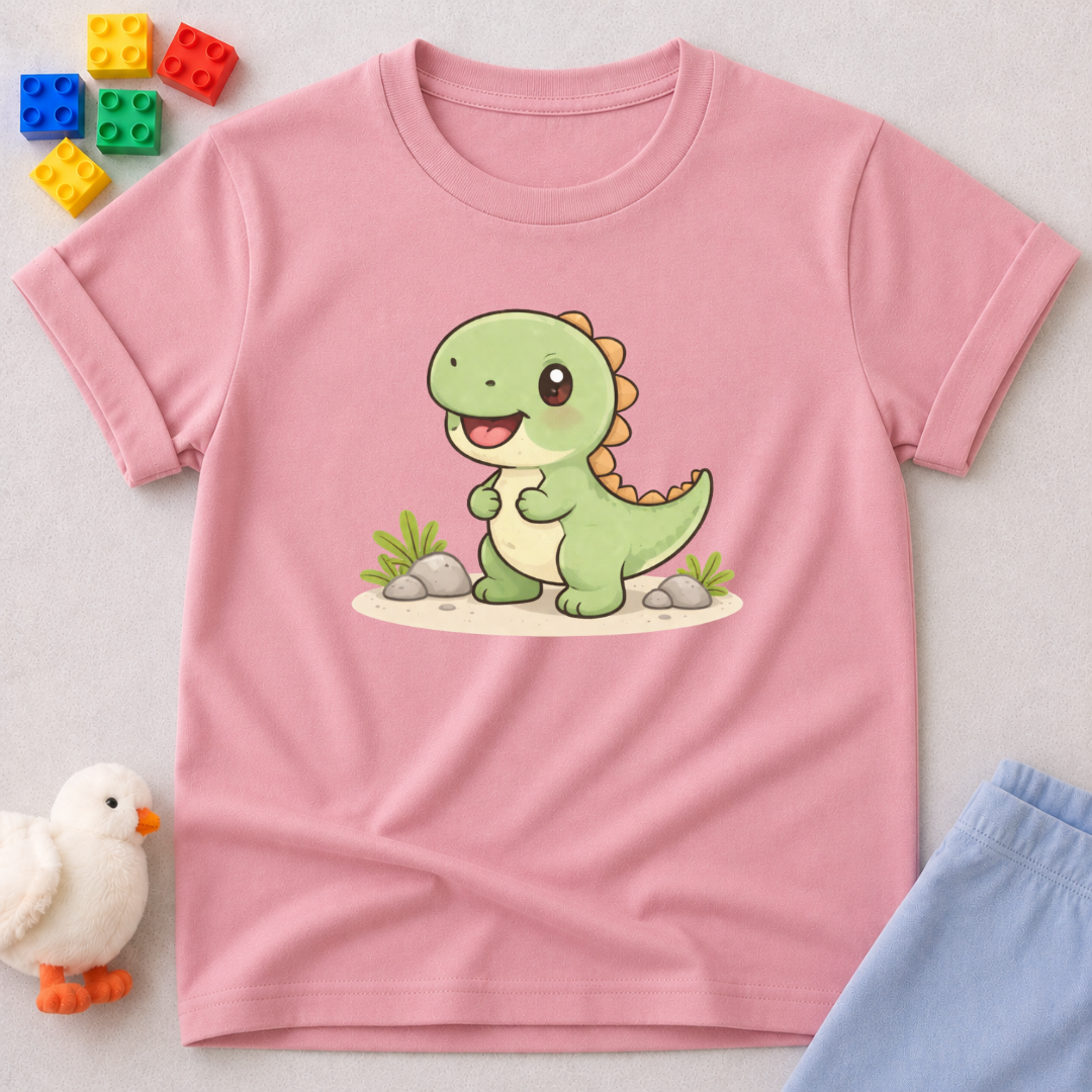 Tiny Dino Adventure Christian kids shirt in Pink featuring a cute dinosaur character design