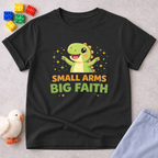 Tiny Dino Big Faith Christian kids shirt in Black featuring a cute dinosaur and faith-inspired message