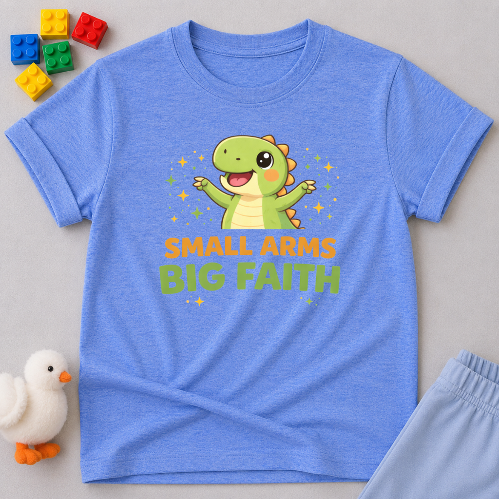 Tiny Dino Big Faith Christian kids shirt in Blue featuring a cute dinosaur and faith-inspired message