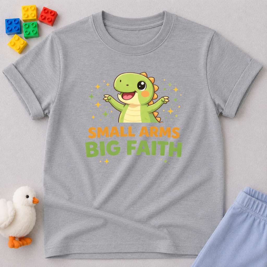 Tiny Dino Big Faith Christian kids shirt in Gray featuring a cute dinosaur and faith-inspired message