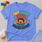 Tiny Hands Big Hallelujah Christian kids shirt in blue featuring a joyful child praising God
