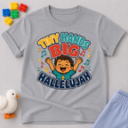 Tiny Hands Big Hallelujah Christian kids shirt in gray featuring a joyful child praising God
