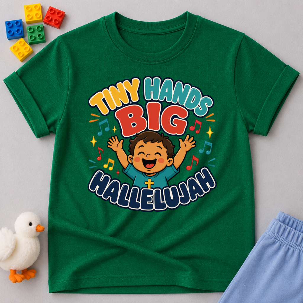 Tiny Hands Big Hallelujah Christian kids shirt in green featuring a joyful child praising God

