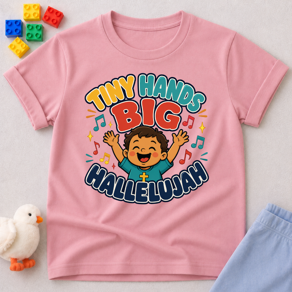 Tiny Hands Big Hallelujah Christian kids shirt in pink featuring a joyful child praising God
