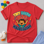 Tiny Hands Big Hallelujah Christian kids shirt in red featuring a joyful child praising God
