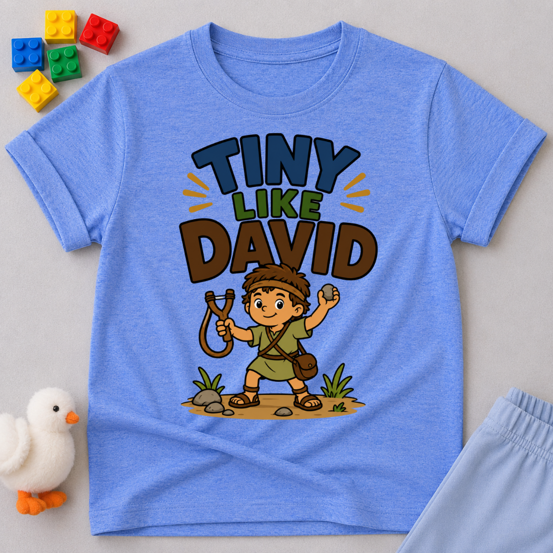 Tiny Like David Christian kids shirt in blue featuring young David with his sling
