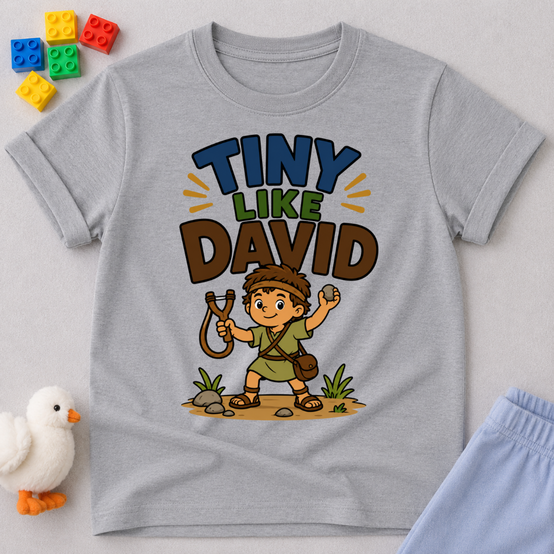 Tiny Like David Christian kids shirt in gray featuring young David with his sling
