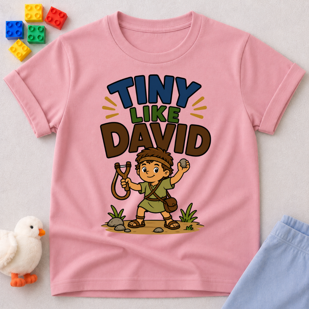 Tiny Like David Christian kids shirt in pink featuring young David with his sling
