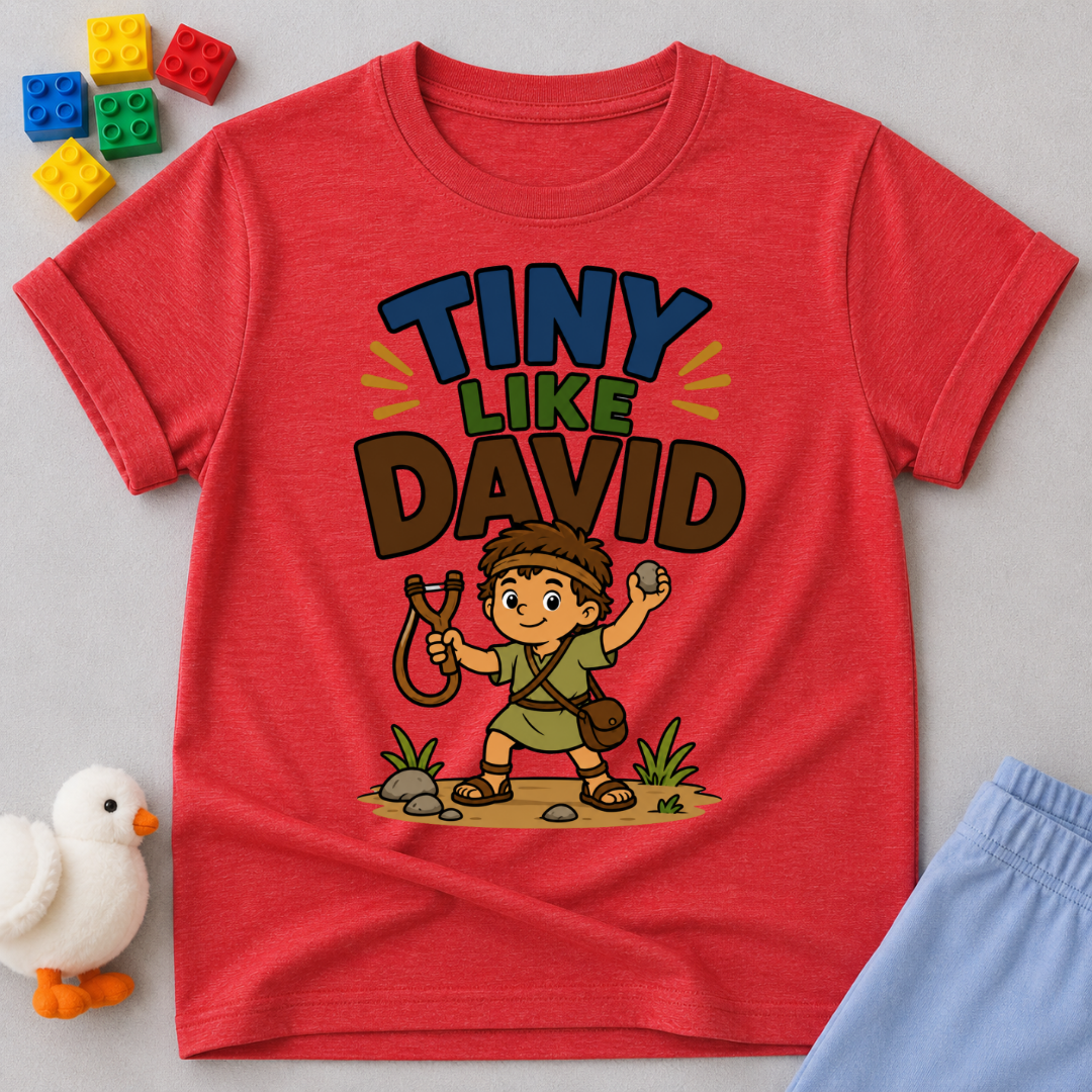 Tiny Like David Christian kids shirt in red featuring young David with his sling
