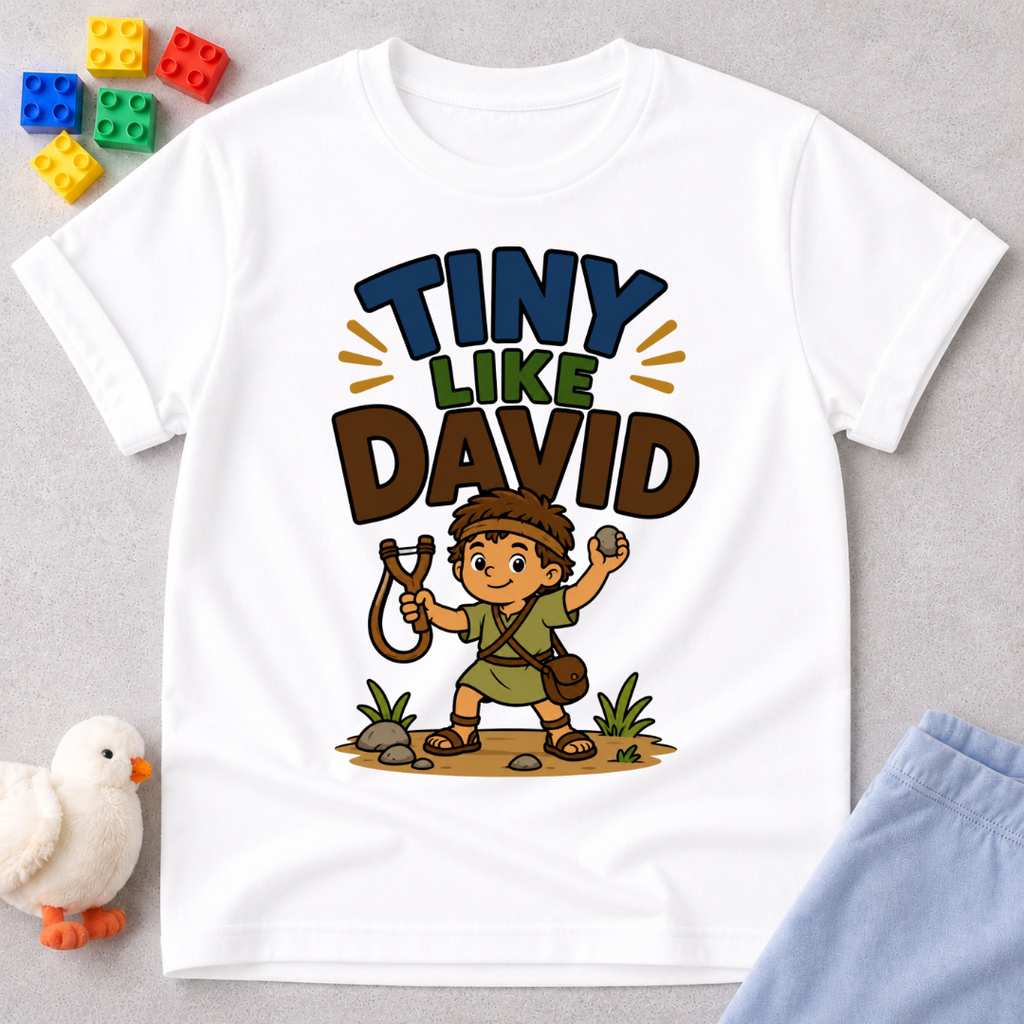 Tiny Like David Christian kids shirt in white featuring young David with his sling
