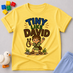 Tiny Like David Christian kids shirt in yellow featuring young David with his sling
