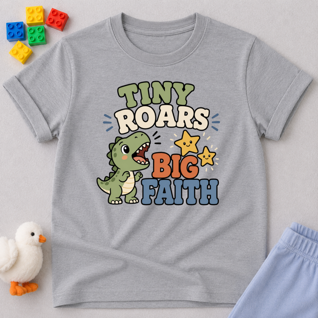 Tiny Roars Big Faith Dino Shirt Christian kids shirt in gray featuring a cute dinosaur and faith-inspired message
