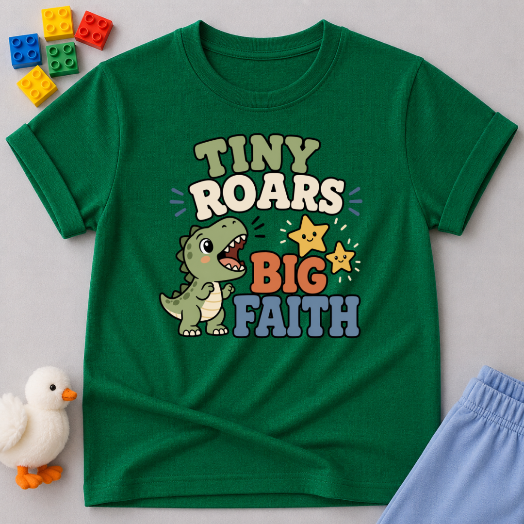 Tiny Roars Big Faith Dino Shirt Christian kids shirt in green featuring a cute dinosaur and faith-inspired message
