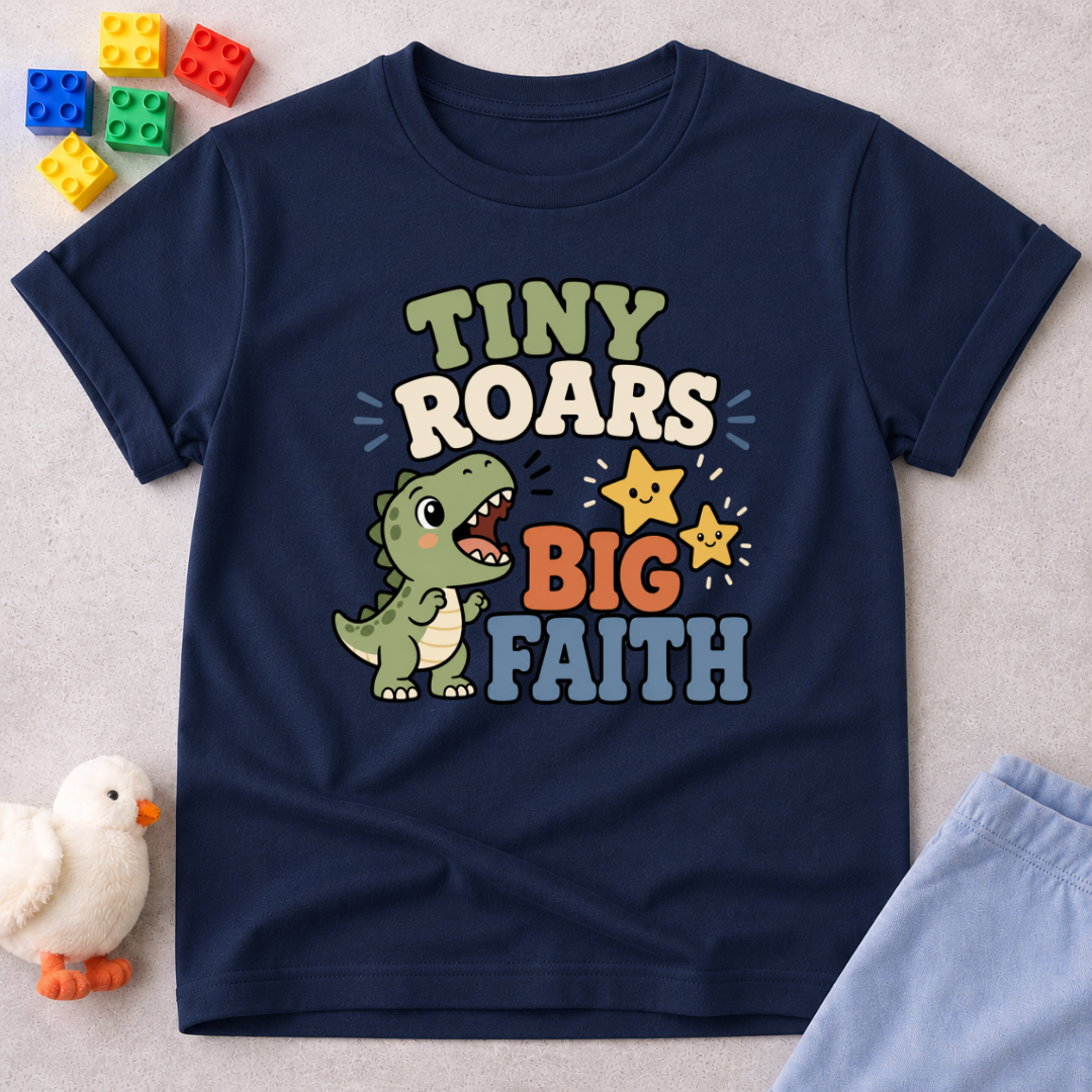 Tiny Roars Big Faith Dino Shirt Christian kids shirt in navy featuring a cute dinosaur and faith-inspired message
